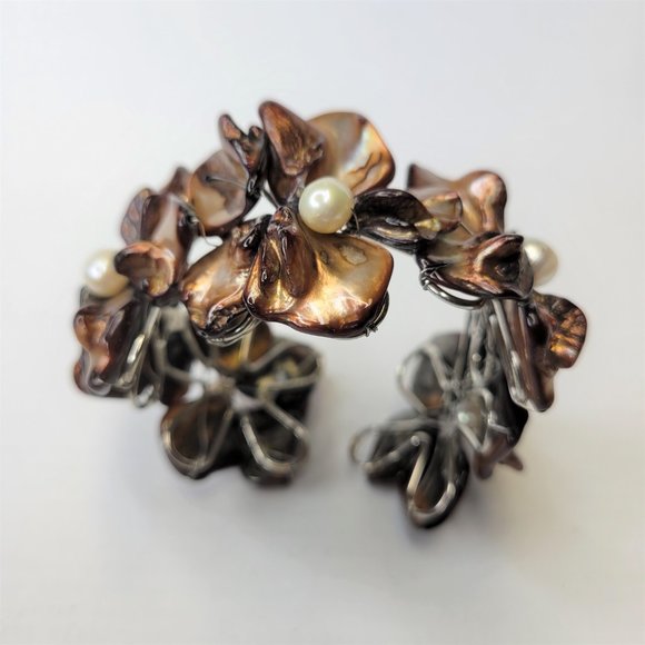 Dark Brown Cuff Bracelet with Pearls and Dyed Mother Of Pearl Shell Bangle -NEW - Picture 5 of 15